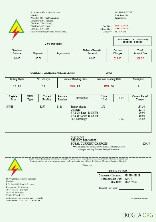 Saint Vincent et les Grenadines St. Vincent Electricity Services Limited facture de services publics busienss modèle Word et PDF